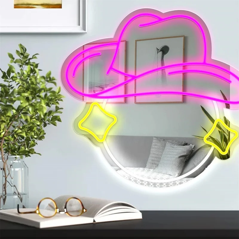 Selfie Beauty LED Mirror Neon Light Sign Acrylic Mirror Neon Lights Hanging for Dresser Room Decoration USB Love Heart Shaped