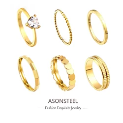 ASONSTEEL Stainless Steel Vintage Round Twist Cubic Zirconia Gold Plated Rings For Women Men Girl Fashion Jewelry New Trending