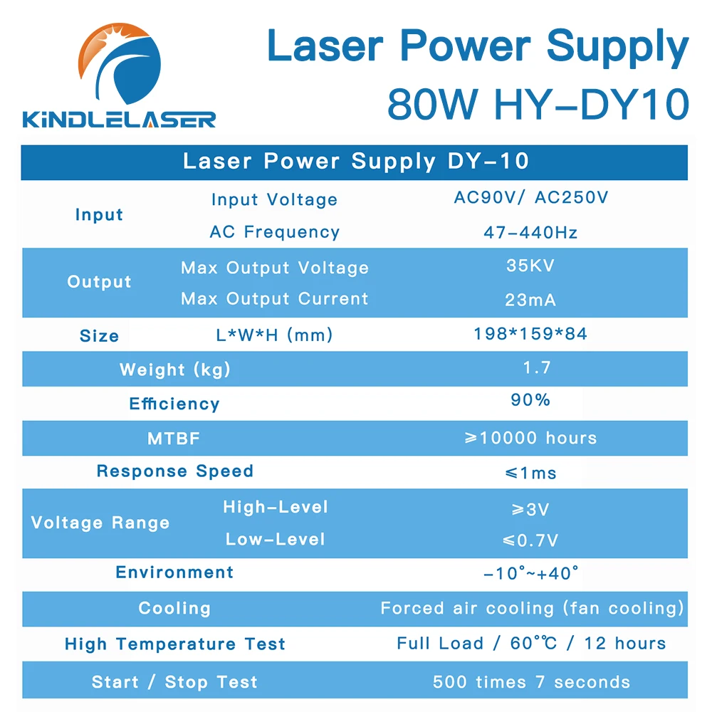 KINDLELASER DY10 CO2 مصدر طاقة الليزر HY-DY10 لـ RECI W1/Z1/S1 CO2 أنبوب الليزر النقش/آلة القطع DY Series