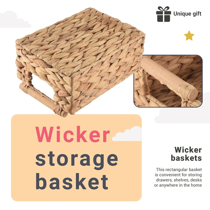 Small Wicker Baskets for Organizing Bathroom, Hyacinth Baskets for Storage, Wicker Storage Basket with Wooden Handle-A55K