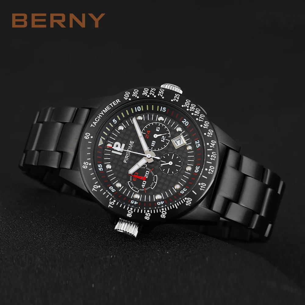 BERNY Watch for Men Quartz Sports Wristwatches Chronograph Male  Luminous  Calendar Divers Watch Golden 10ATM Relogio Masculino