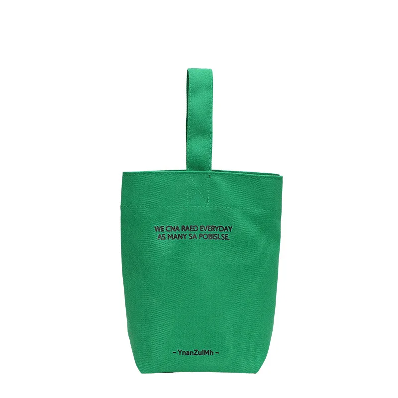 Mini bolsa de lona portátil de estilo minimalista, bolsa de almuerzo con correa para la muñeca, color caramelo, lisa, novedad de 2023