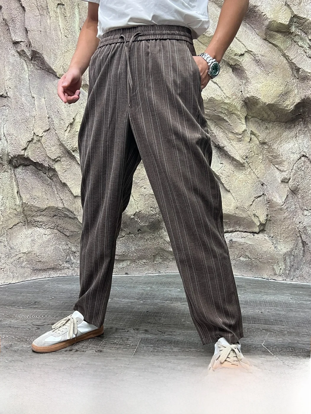 Retro Washed Striped Casual Pants for Men Elastic Waist Comfortable Breathable Fashionable Straight Leg Polyester Blend