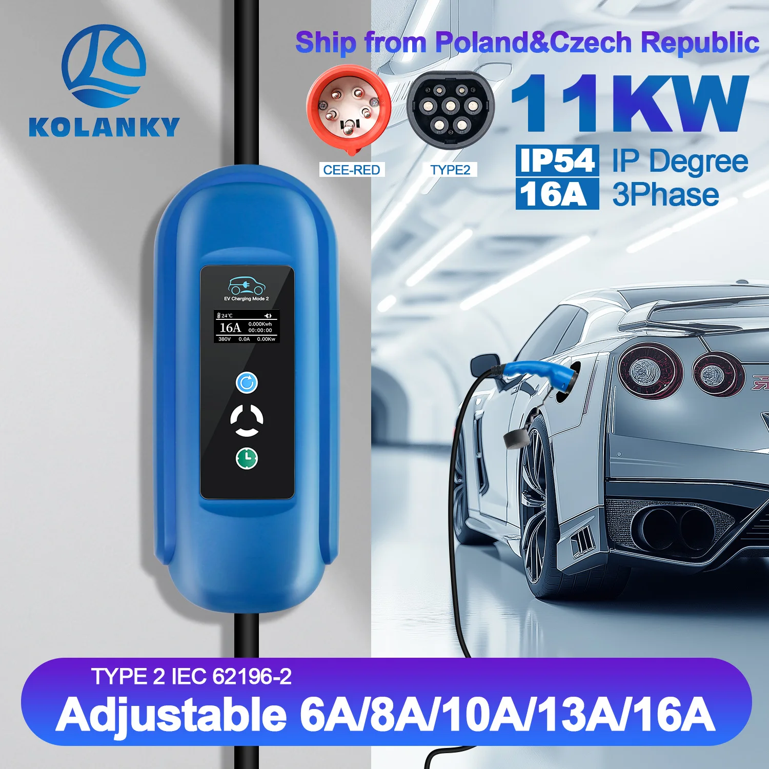 

Портативное зарядное устройство для электромобилей Kolanky, регулировка 16 А, 11 кВт, тип 2, зарядка Wallbox, задержка времени, домашнее зарядное устройство, электромобиль, общая длина 5 м