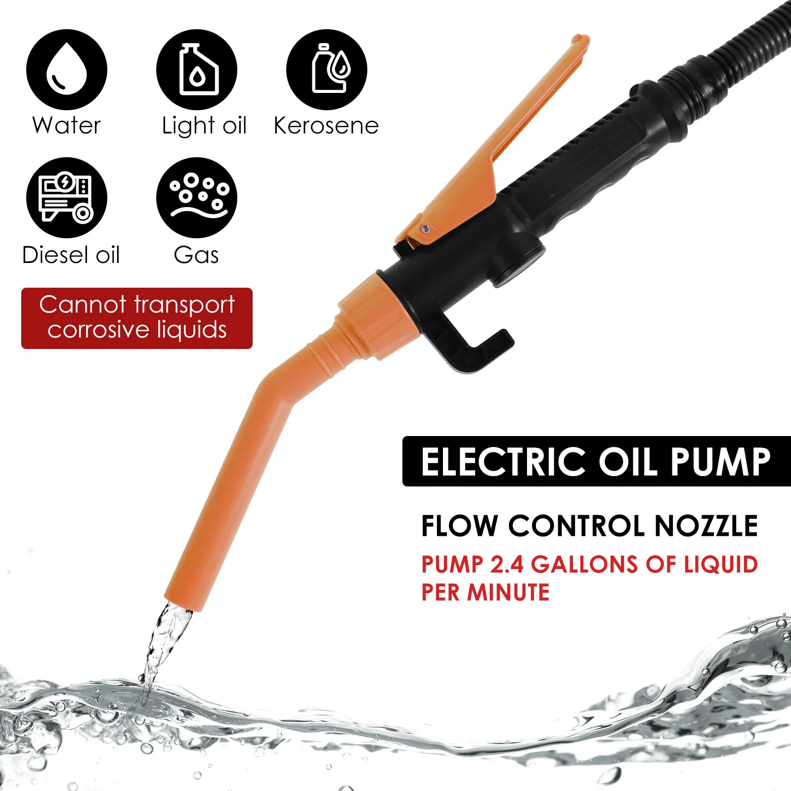 Liquid Transfer Pump Electric Fuel Oil Transfer Pump with Flow Control Nozzle 2.4 Gallons Per Min Portable Car Siphon Petrol Fue