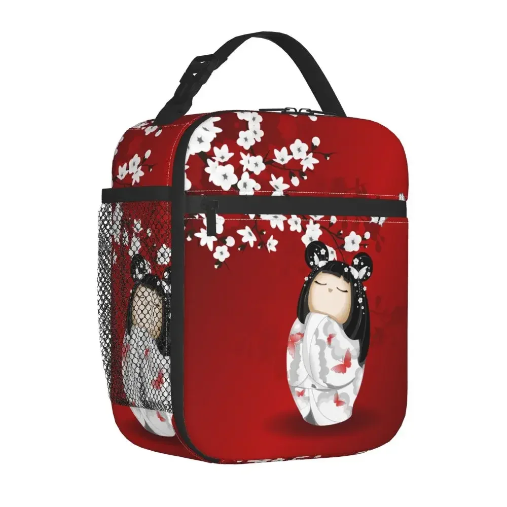 Kokeshi Doll Red Black White Cherry Blossoms Insulated Lunch Bag Japanese Girl Art Food Box Cooler Thermal Lunch Box School