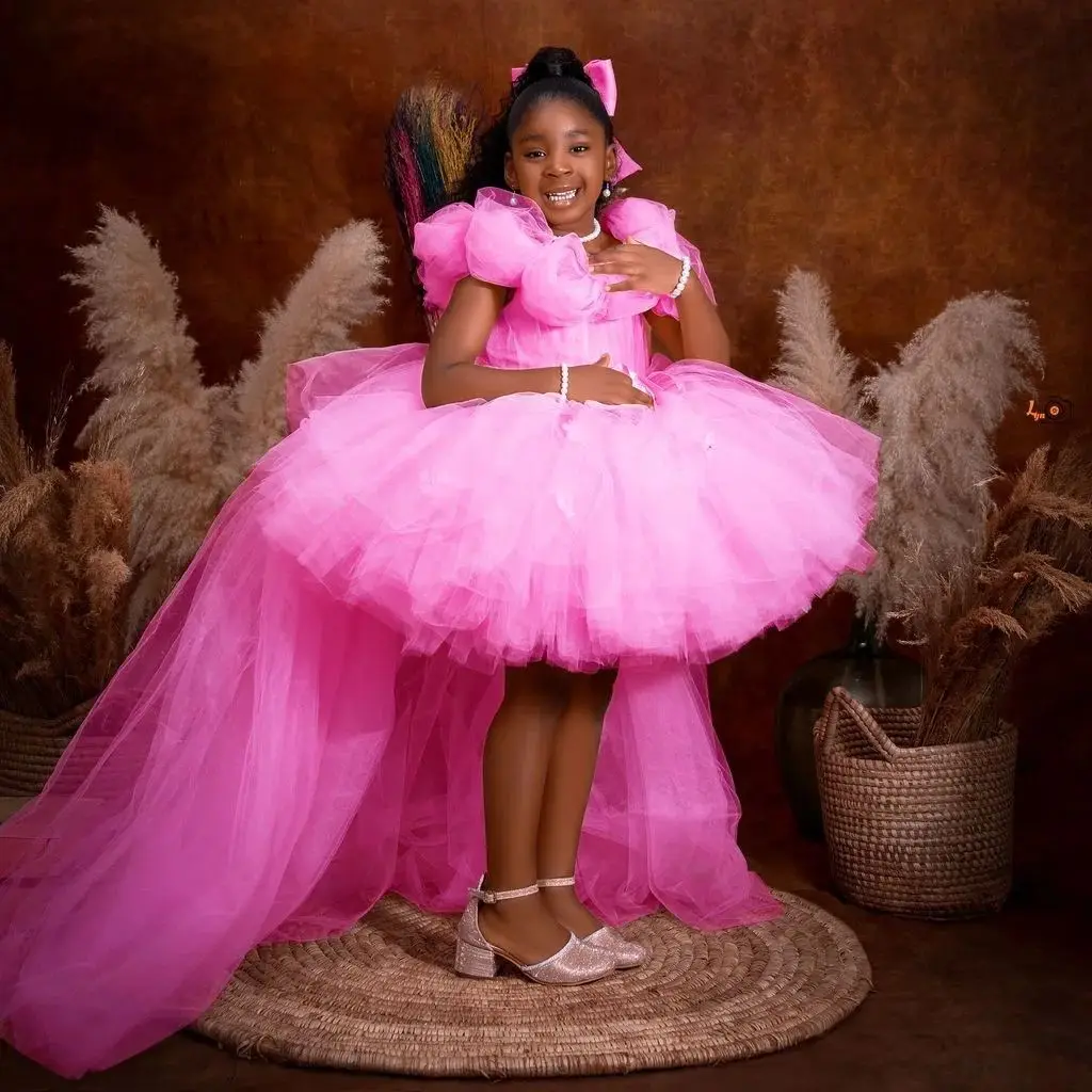 

Pink Tulle Ballgown Girls Birthday Party Dress With Train Big Flower Girl Dresses for Wedding Kids Prom Gown Customized