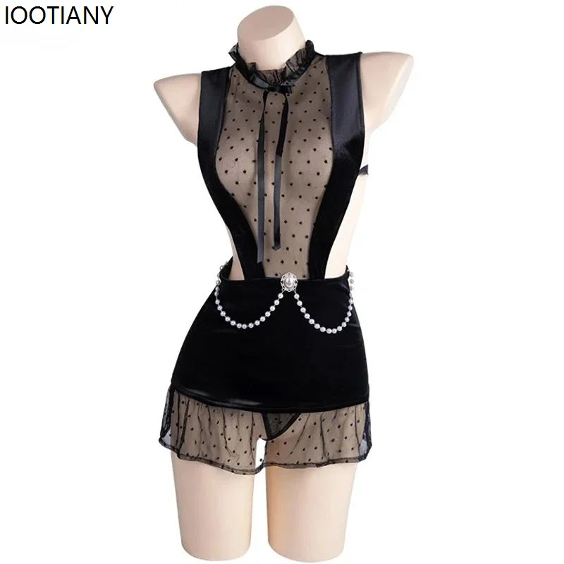 

Fun Lingerie Japanese Student School Uniform Sexy Soft Gauze Skirt Hem Wood Ear Lace Beauty Back Polka Dot See Through Dress Set