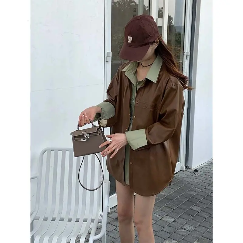 2024 Spring/Summer Fashionable Style Avocado Green Long Sleeved Shirt Women\'s Thin Loose Solid PU Coat Shirt