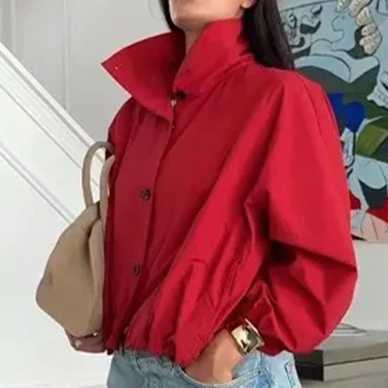 الوقوف طوق سترات قصيرة خريف 2025 موضة جديدة كل مباراة معاطف المرأة معطف قصير فضفاض غير رسمي بسيط الصلبة واحدة الصدر #2