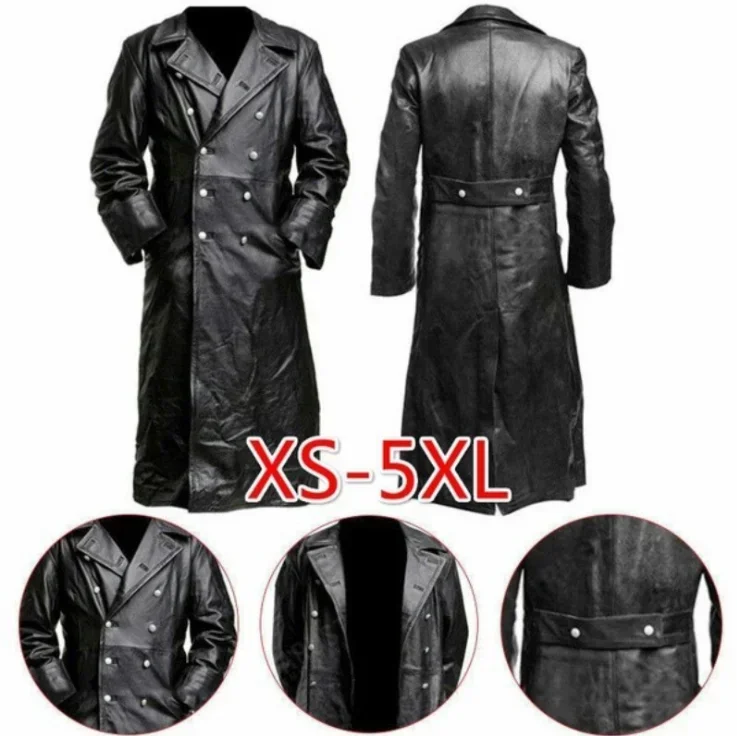 MEN\'S GERMAN CLASSIC WW2 MILITARY UNIFORM OFFICER BLACK REAL LEATHER TRENCH COAT