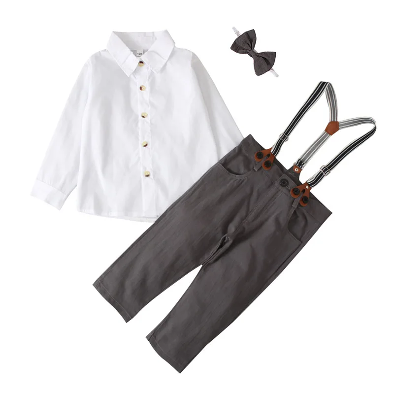 Gentleman Children Boy Clothes Suit Shirt+Pant+Straps+Bow Tie 4Pcs Set Kid Wedding Party Costume Elegant Birthday Baby Boy A1124