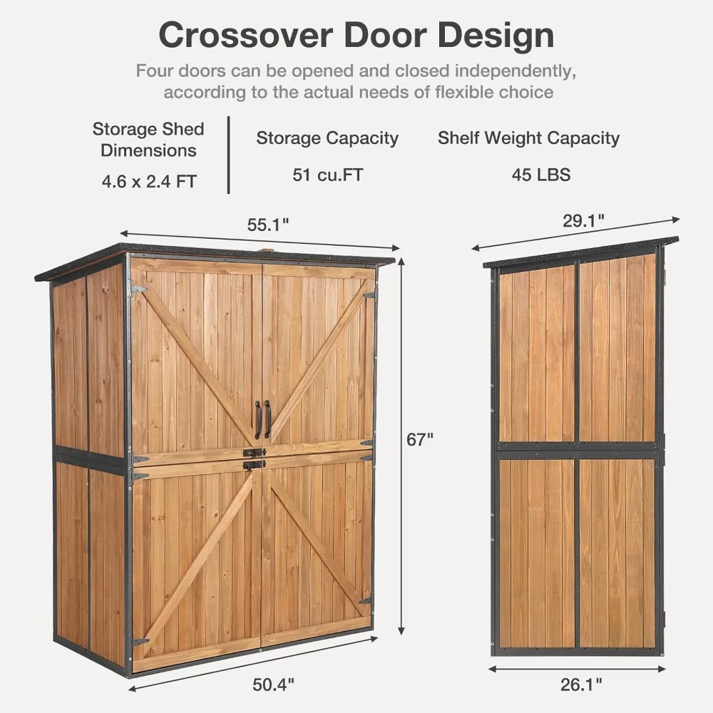 4.6 X 2.4FT Outdoor Storage Shed with Floor, Adjustable Shelves and Double Lock for Anti-Theft, Waterproof Natural Fir Cabinet