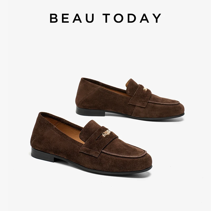 

BEAUTODAY Loafers Women Cow Suede Flats Round Toe Metal Penny Sewing Casual Flats Female Handmade 26251