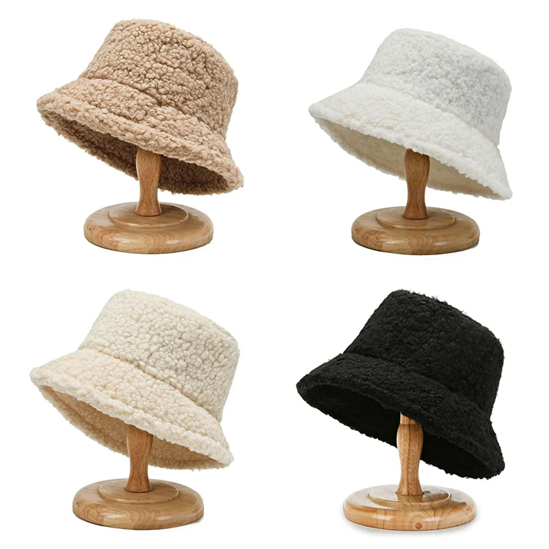 Lamb Faux Fur Bucket Hat Winter Warm Teddy Velvet Hats Caps For Women Lady Outdoor Panama Fisherman Hat