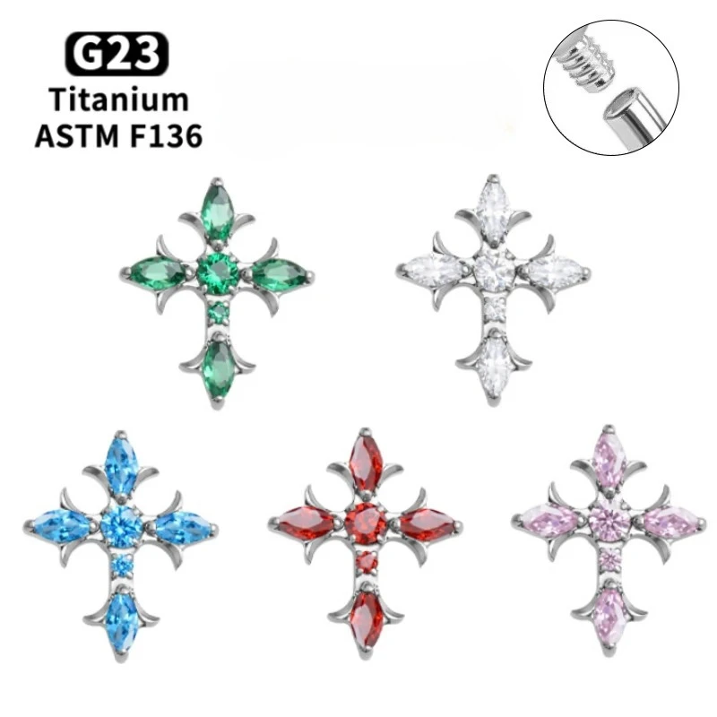 16G G23 Titan-Kreuz-Ohrstecker mit Eingelegtem Zirkon Innengewinde für Tragus Knorpel Helix Lippen-Piercing Schmuck