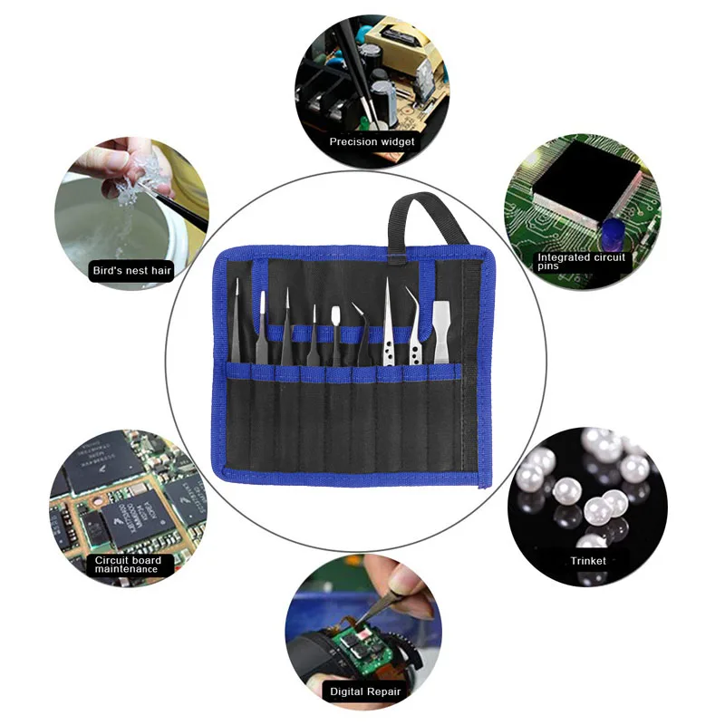 9 Pcs Tweezers Set Stainless Steel Anti-Static Precision Tweezers for Electronic Mobile Phone Repair Tools Hand Tools