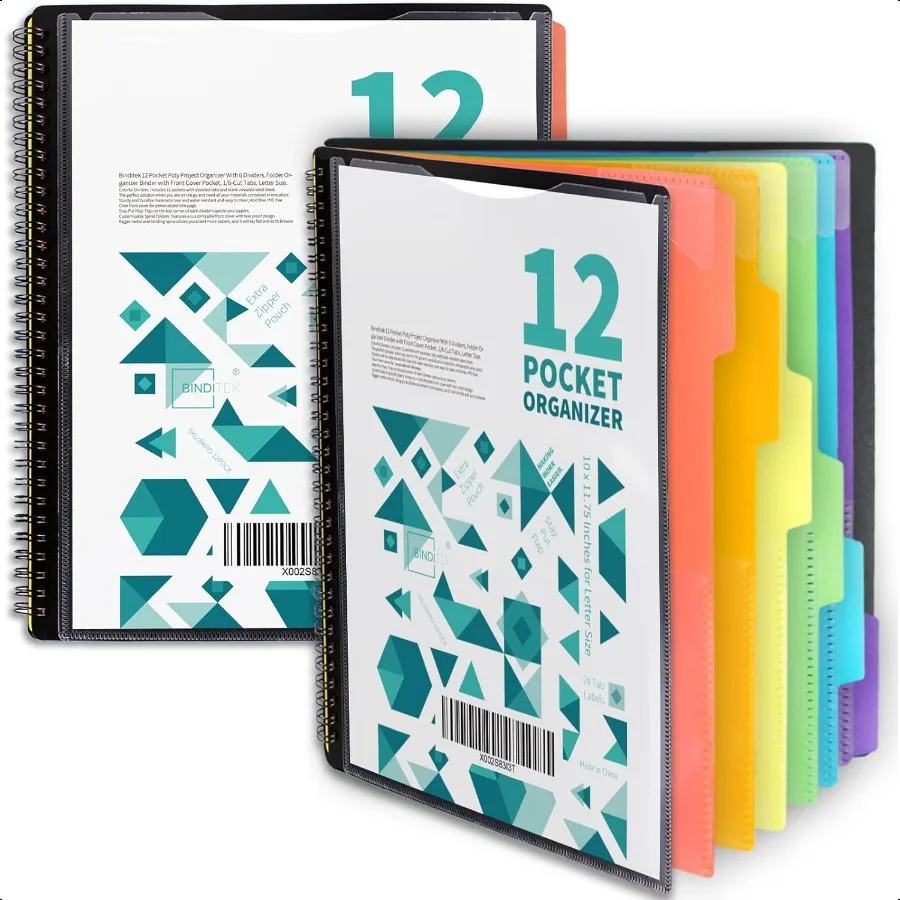 

2 Pack 12 Pocket Poly Project Organizer with 6 Dividers Heavyduty Folder Organizer Binder with Front Cover Pocket Metal Wire Bi