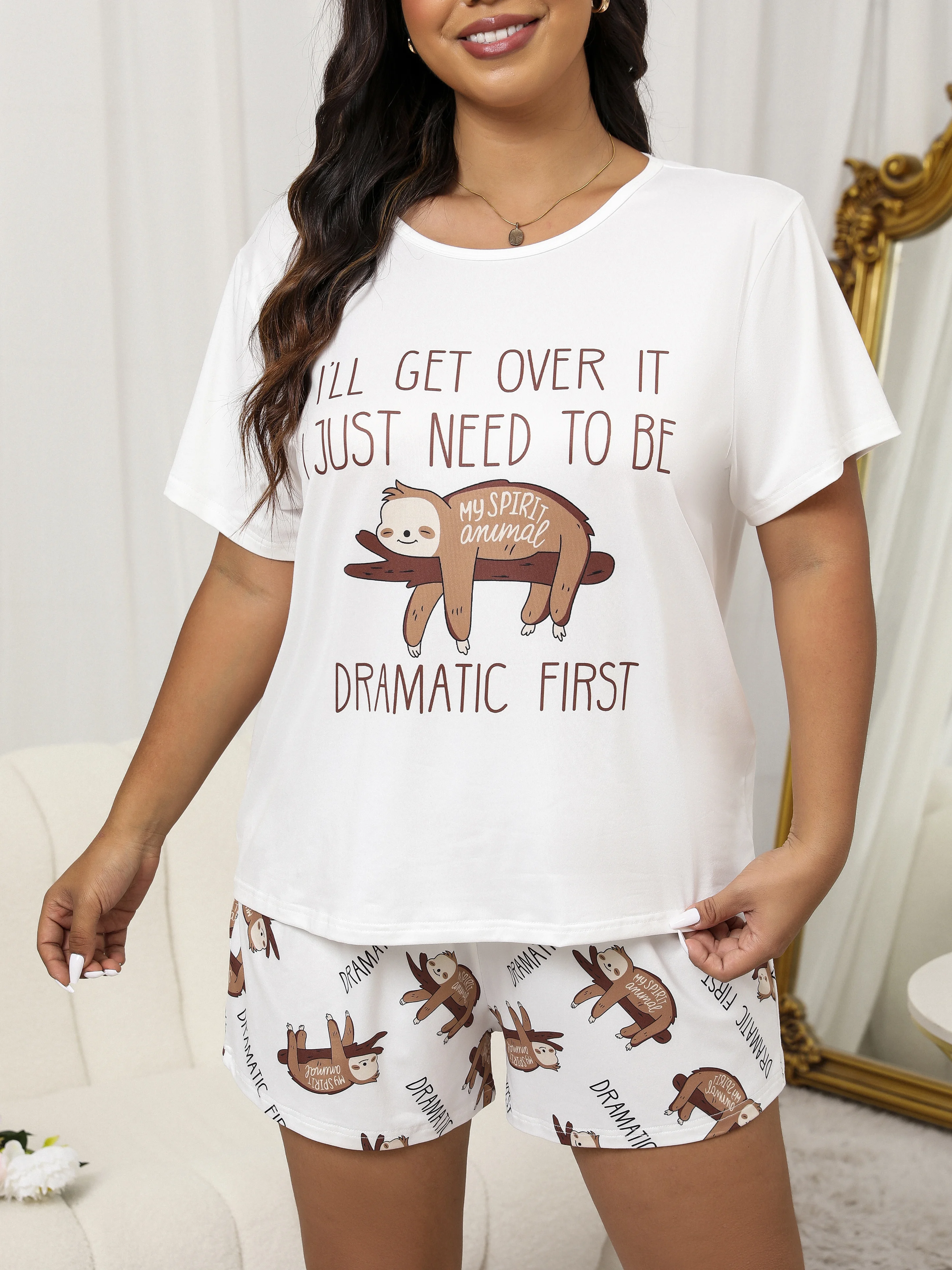 Women's Plus Size Short Sleeve T-Shirt and Shorts with Sloth Print 2pc Pajama Set Comfy Top&Shorts With Elastic Sleepwear