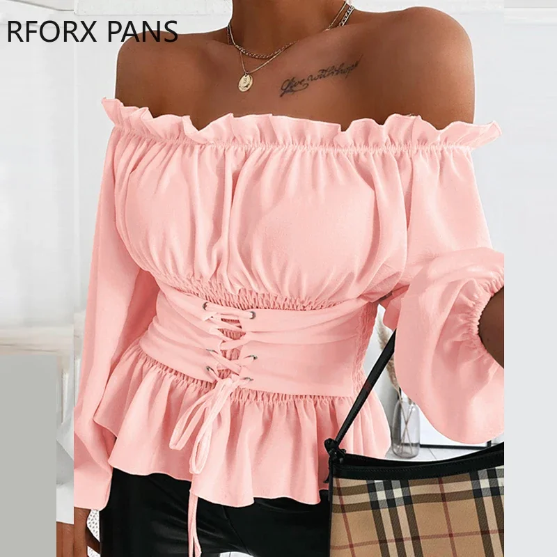 Off Shoulder Lace-Up Front Ruches Casual Blouse Plus Size Tops Lente Tops En Blouses