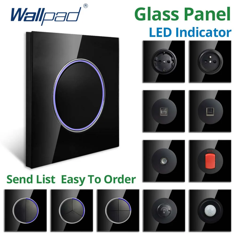 Wallpad Black Glass Panel With Large Circle Blue LED Indicator Wall Light Switch and Socket Round Button Electric Outlet