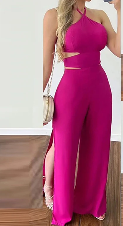 Women's Jumpsuit Elegant Summer 2024 High Waist Hanging Neck Hollow Slim Open Back Conjoined Body Pant Sleeveless Jumpbodysuit