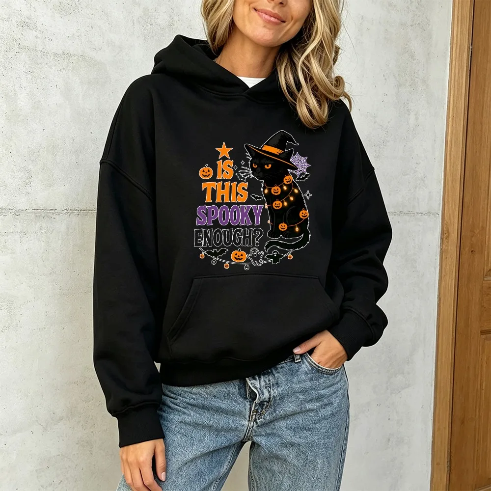 Is This Spooky Enough Women Hoodie Black Cat Witch Hat Pumpkin Lights Graphic Pullover Halloween Sweatshirt Winter Clothes Women