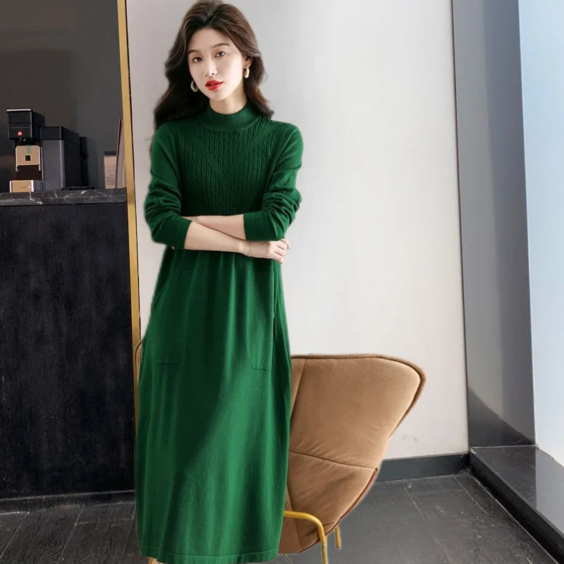 

High-End Dress Women Autumn Winter Knit Dresses New Loose Long Sleeves Knee-Length Wool Dresses Trend Base Layer Pair with Coats