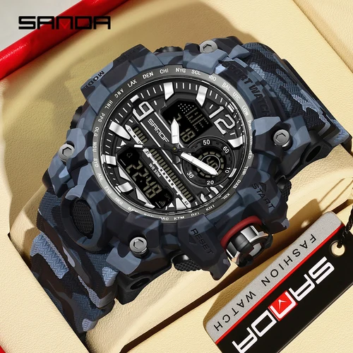 Imagen 2 del producto SANDA 3359 Reloj electrónico militar estilo G de camuflaje para hombre a la moda, reloj deportivo multifuncional con pantalla Dual resistente al agua para hombre