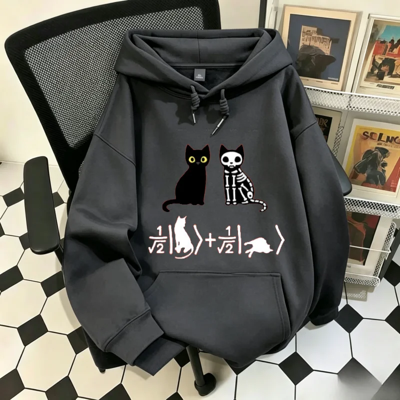 Funny Science Physics Cat Hoodie for Men Autumn Loose Hooded Sweatshirt Skeleton Cat & Math Formula Print Street Pullover