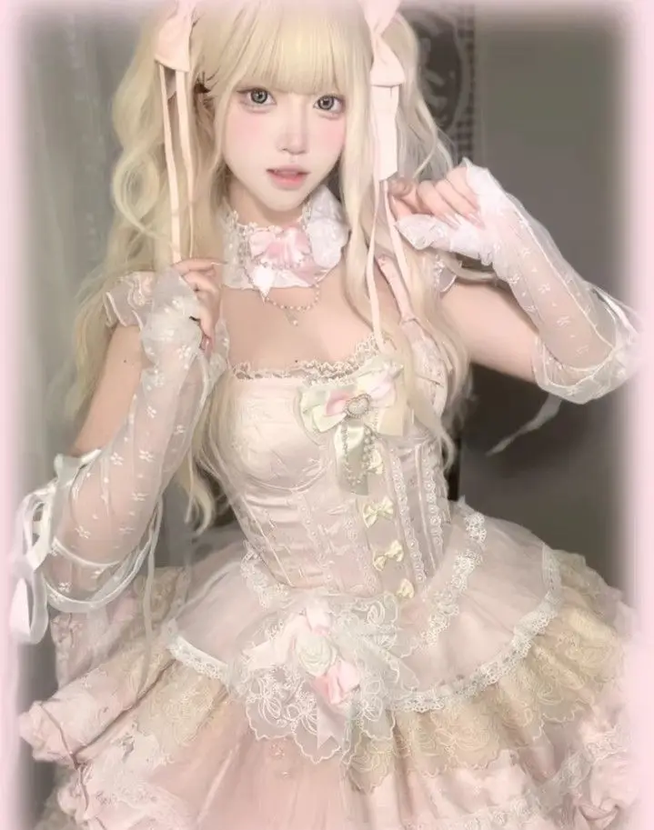 

Women Sweet Mesh Lolita Dress 2026 Sleeveless Lace Frill Bow Gothic Princess Cosplay Holiday Party Street Casual Outfit