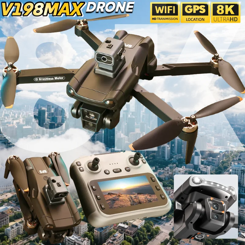 정품 V198 MAX 드론 GPS 8K 전문가용 카메라 항공 FPV 브러시 레이저 장애물 회피 대형 화면 리모컨 신제품