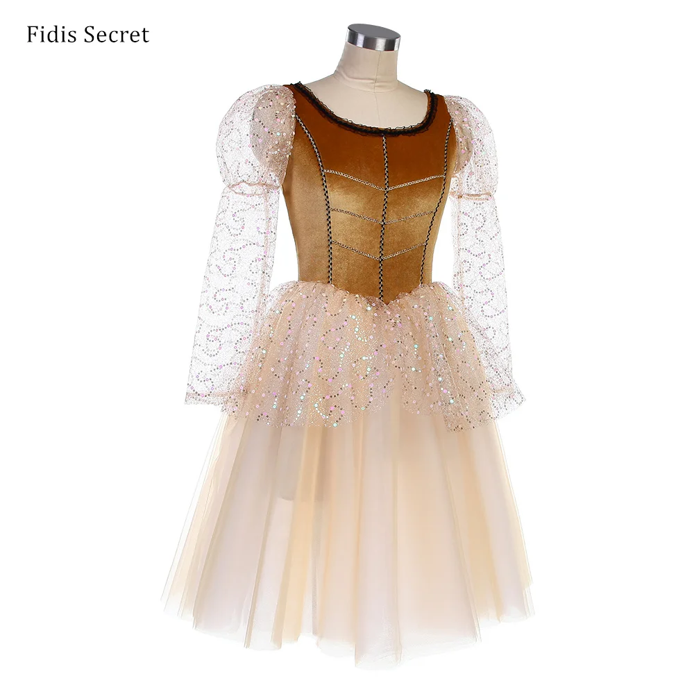 Women Light Brown Romantic Long Tutus,Girls Ballet Performance Sequins Dance Wear,Ballerina Flower Fairy Princess Stage Costumes