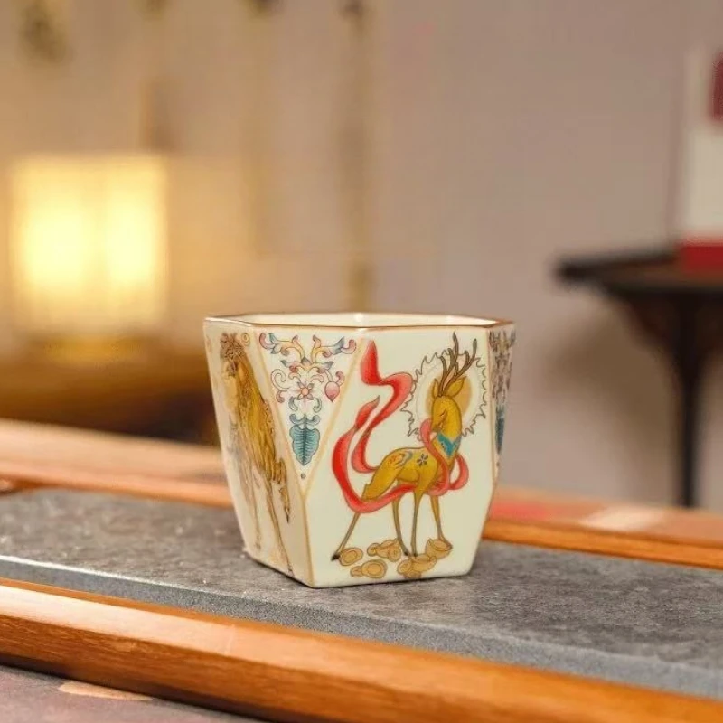 Ru Kiln Teacup Twisted Branch Lotus Auspicious Eight Square Cup Retro Big Rooster Teacup Master Cup Single Cup Ceramic Cup