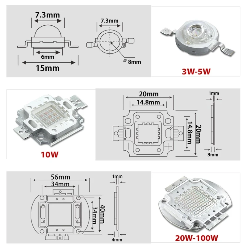 Chip LED ultravioleta UV de alta potencia, 395nm, 3W, 5W, 10W, 20W, 50W, 100W, color púrpura