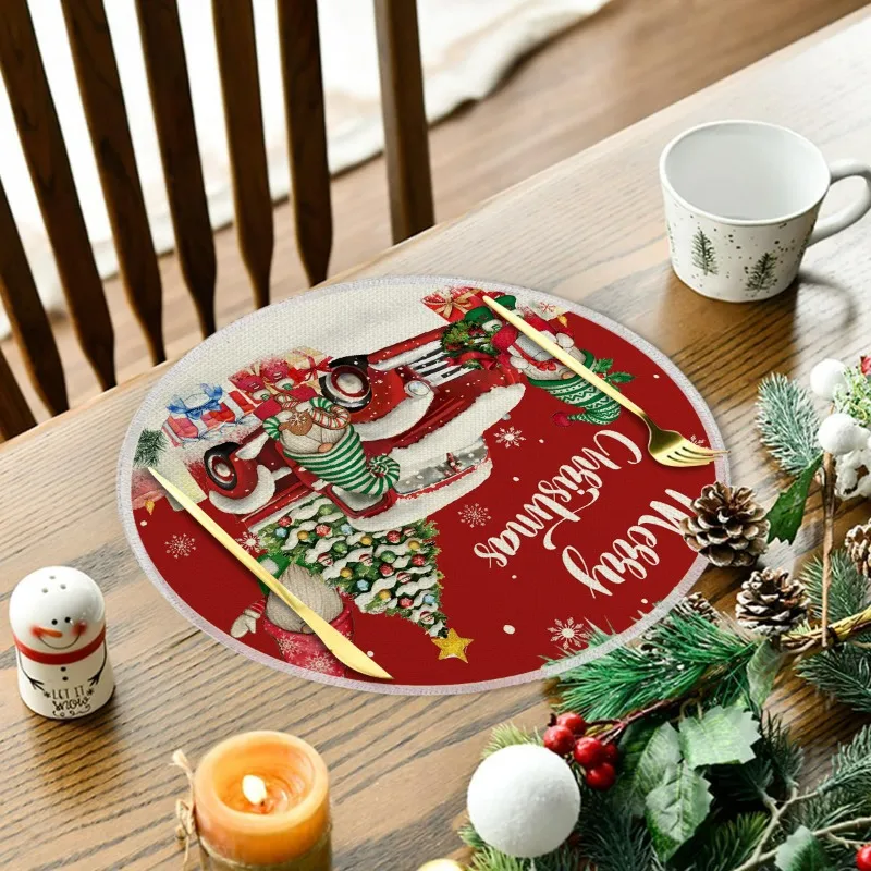 1pc Hot-selling new Christmas round placemats, linen durable tableware heat insulation mats