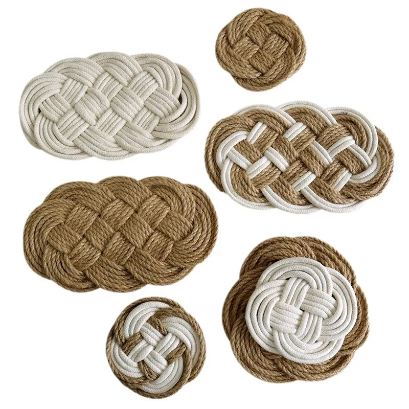 Almohadilla aislante redonda de estilo nórdico, cuerda de algodón, cuerda de lino, mantel individual tejido a mano, decoración de mesa de comedor para el hogar, posavasos para taza de té y café