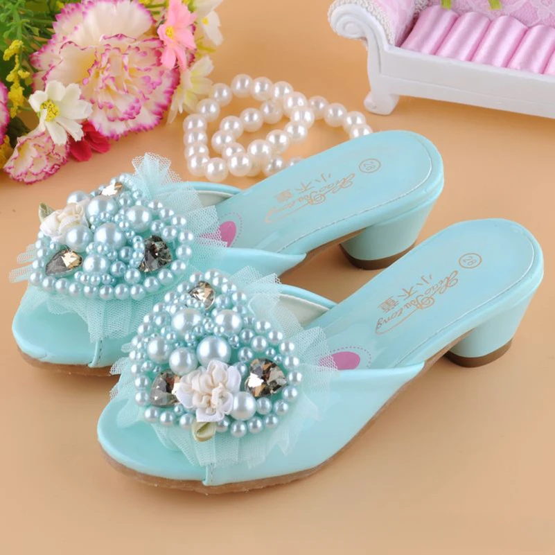 Children's High Heels Princess Slippers Fashion Outside Wearing Girls Sandals Summer Kids Girl Party Dress Pearl Crystal Shoes