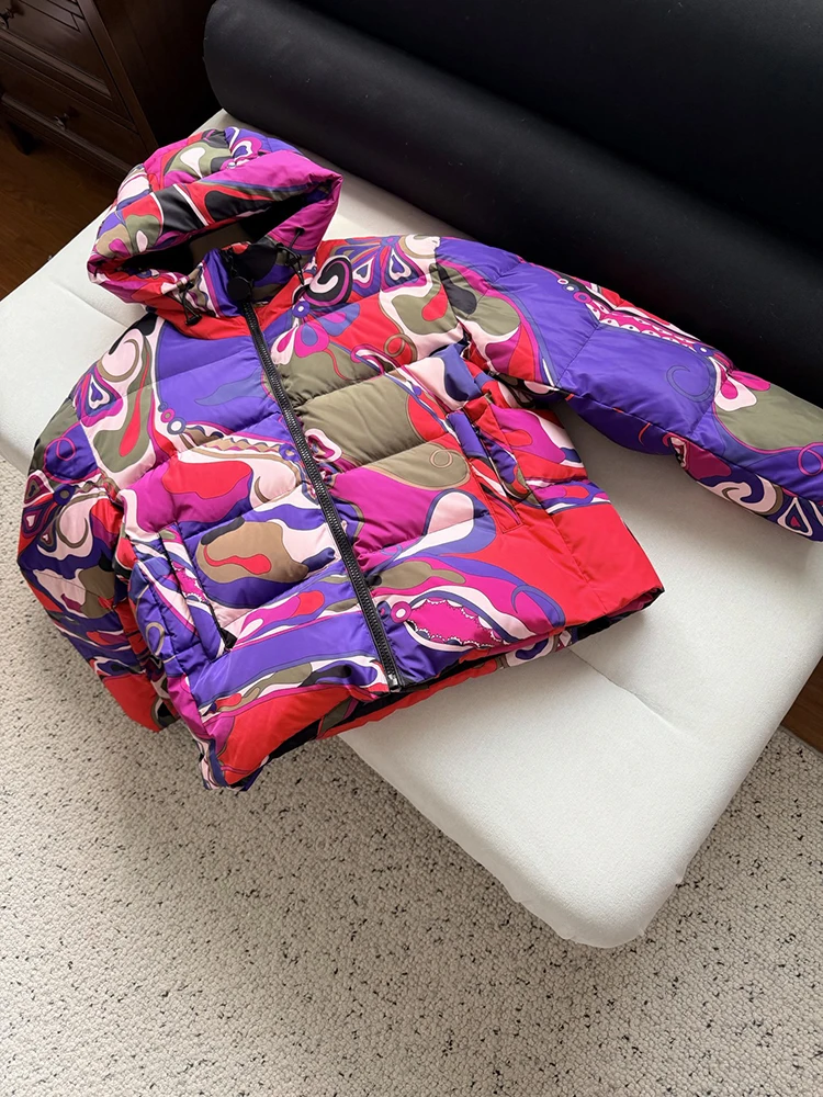 Winter Fashion Outdoors Geometric Pattern Print Warm Down Jacket Women's Hooded Long Sleeve Inner Pocket Zipper Pockets Jacket