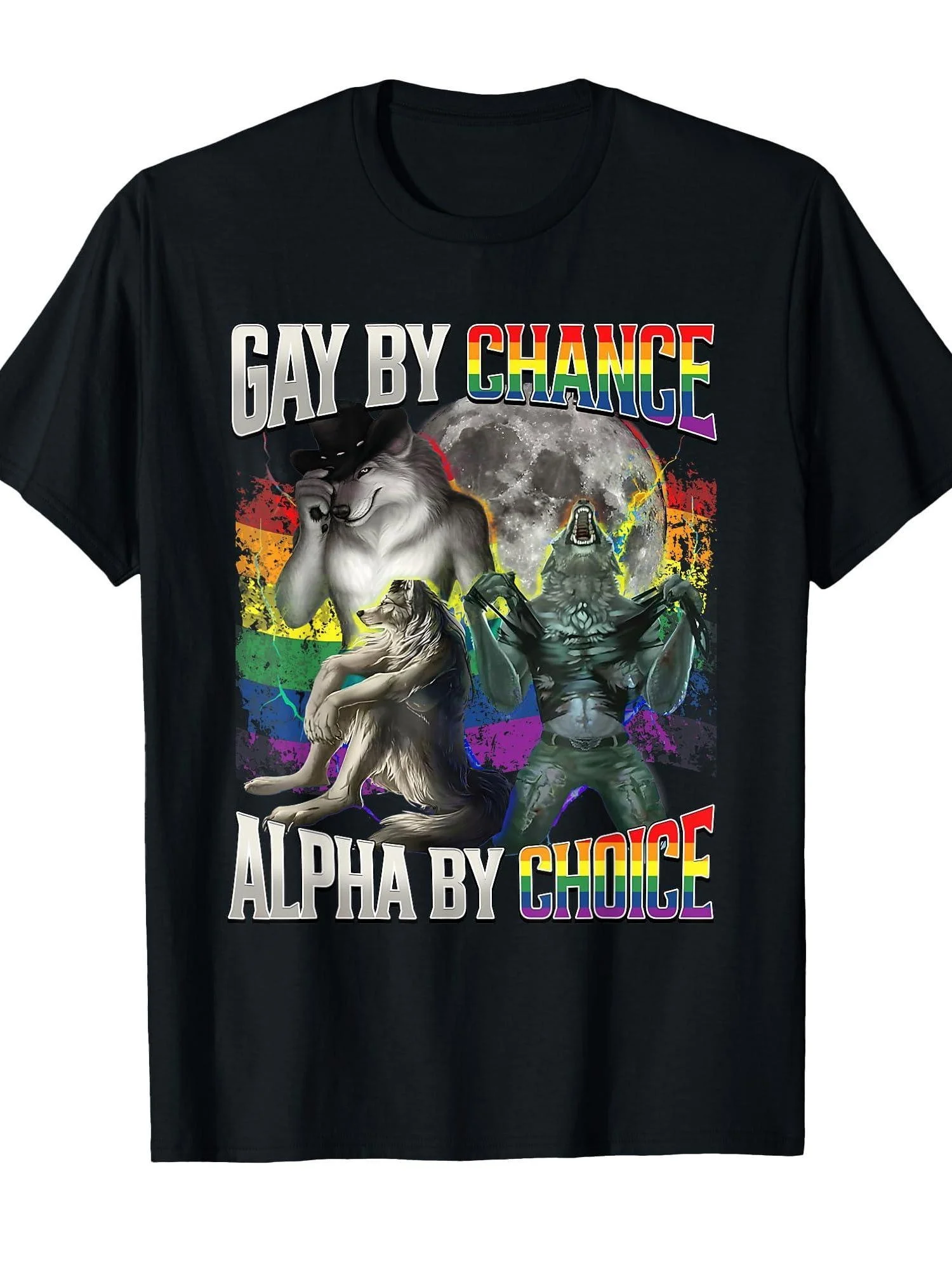 Gay By Chance Alpha By Choice Alpha Wolf LGBTQ+ Pride T-Shirt Black Cotton Crew Neck Tee Graphic Short Sleeve Men's T-shirts