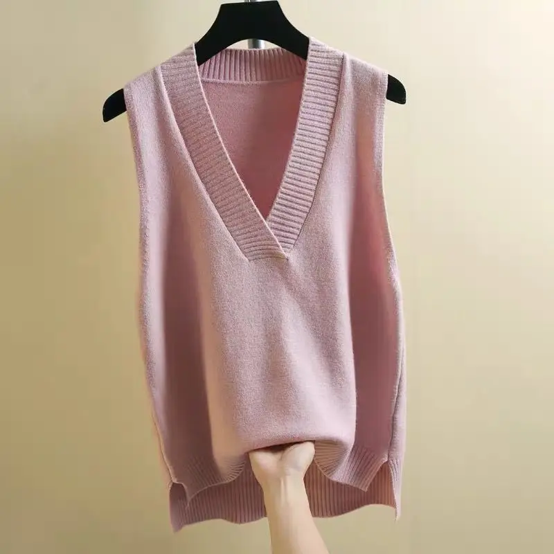 

Vinatge V-neck Knitted Vest Sweater Autumn and Winter Loose Pullover Vest Solid Sleeveless Sweater Fashion Women's Clothes R256