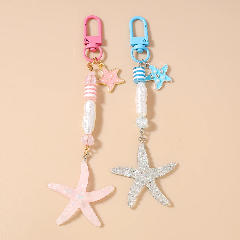 

Cute Resin Starfish Keychain Pearl Key Ring for Women Girls Handbag Pendant DIY Handmade Key Chain Gift