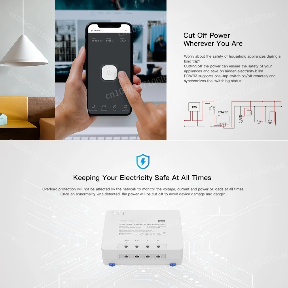 POWR3 25A High Power Meter Switch WiFi Smart Meter Switch Power Monitor Works With Alexa Google Home Yandex Alice eWeLin