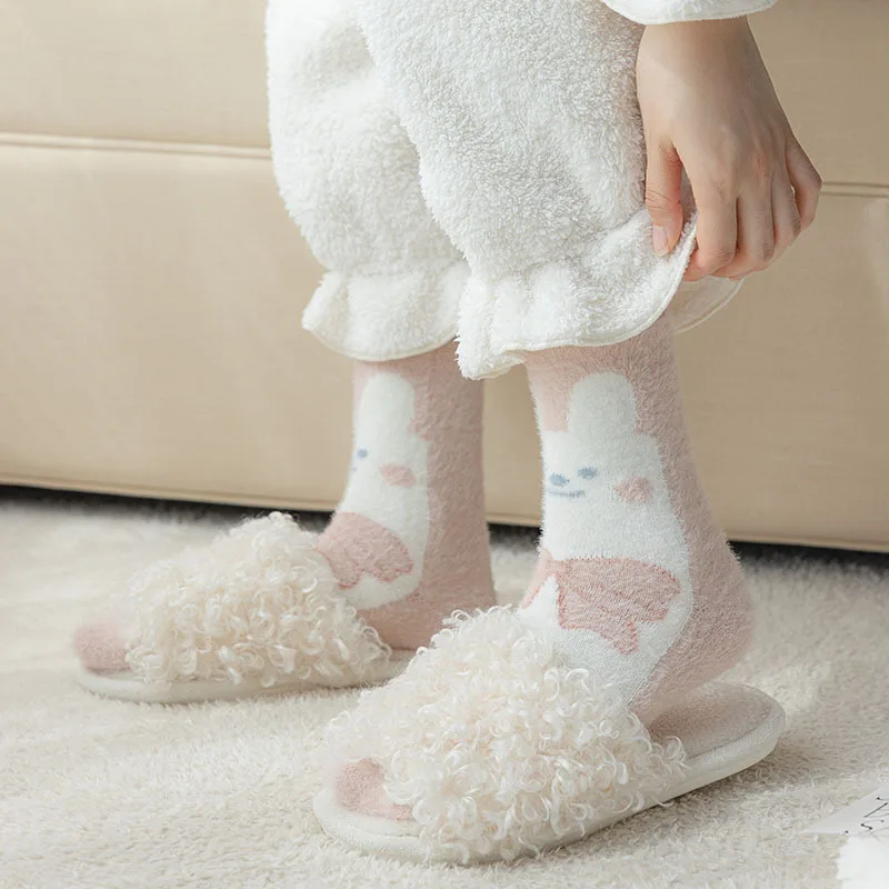 Sweet Pink Rabbits Bowknot Imitation Mink Socks Winter Plush Warm Home Sleeping Socks Ins Japanese Cartoon Cute Furry Tube Socks