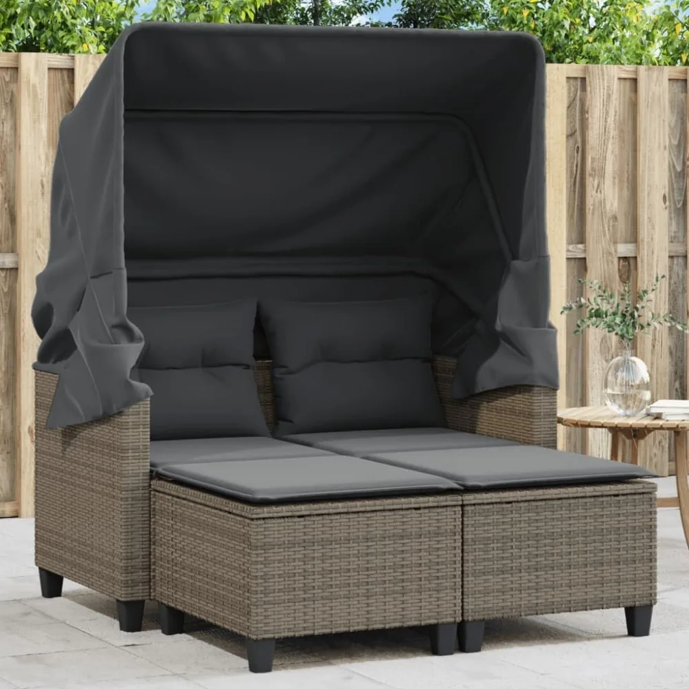 Patio Sofa 2-Seater with Canopy and Stools Gray Poly Rattan, Comfortable Outdoor Sofa with Retractable Canopy and Footstools