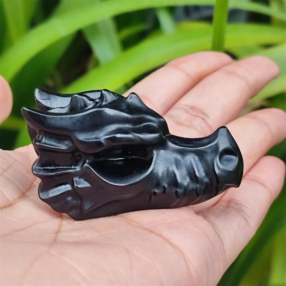 Flame Stone obsidian Dragon Heads Crystal Carving,  Tabletop Ornaments, Crystal Carvings, Crystal Presents, Perfect for Decor