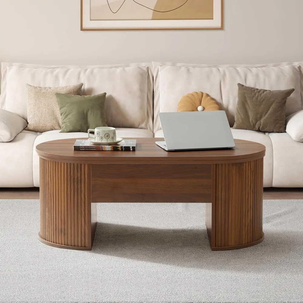 طاولة قهوة بيضاوية قابلة للرفع مع مساحة تخزين مخفية، طراز منتصف القرن