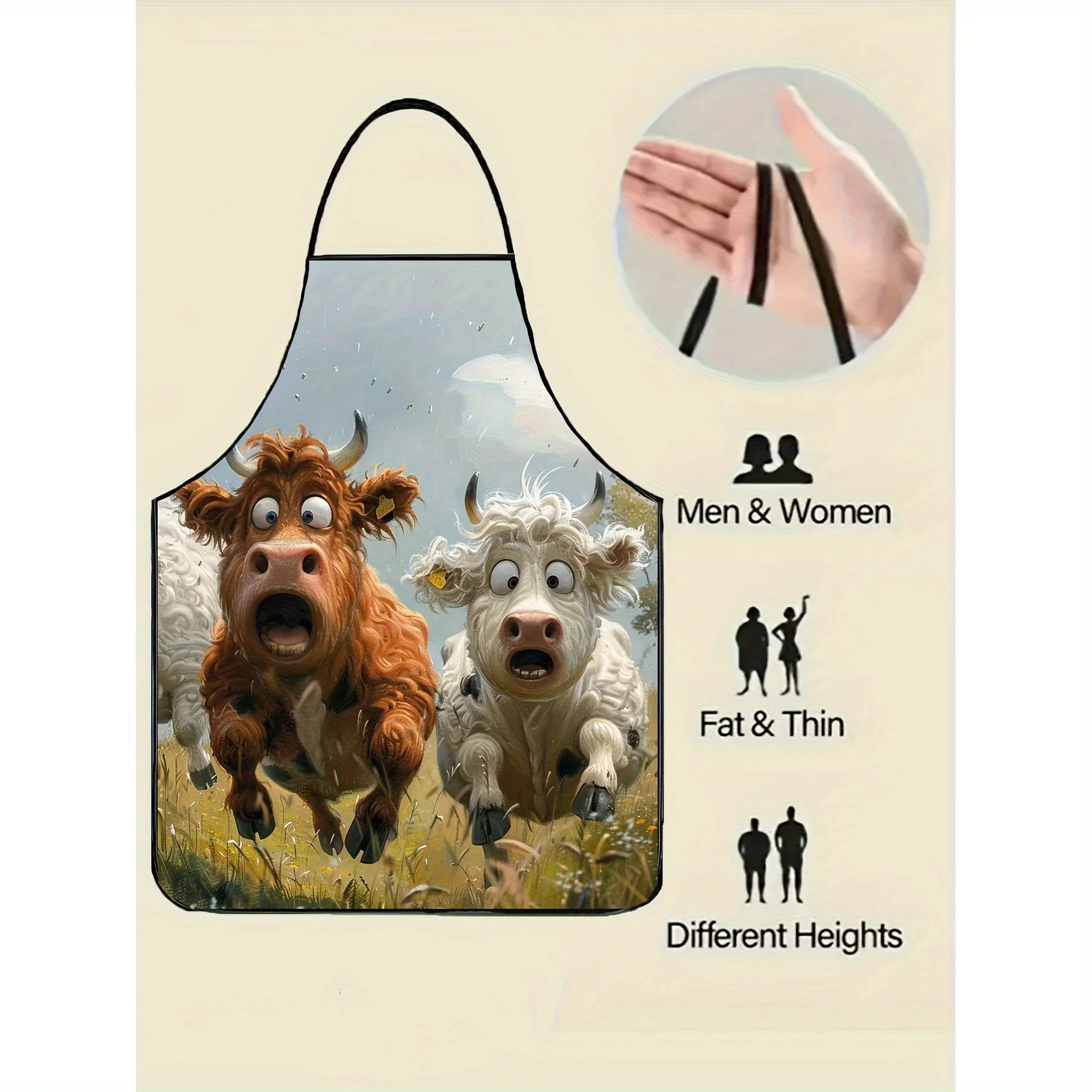 1pc Whimsical Running Cows Print Apron for Men & Women - Lightweight & Durable Polyester Kitchen Wear with Adjustable Ties, Cart