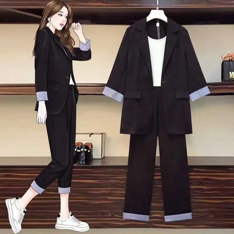 Women\'s Summer Thin Blazer 1 or 3 Piece Pants Set Korean Lady Casual Black Suit Jacket Sling Vest Calf-Length Pant Outfits 2022