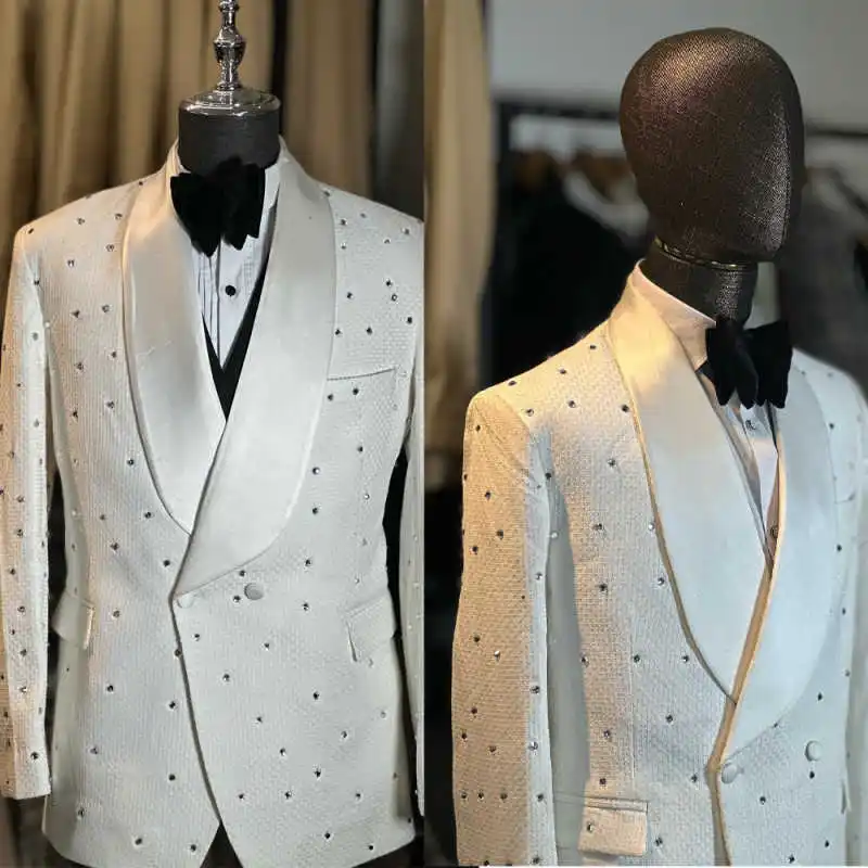 

Rhinestones Men Jacket Vintage Shawl Lapel Beaded Tuxedos Wedding Groomsmen Party Double Breasted Jacket 1 Piece Formal Dress